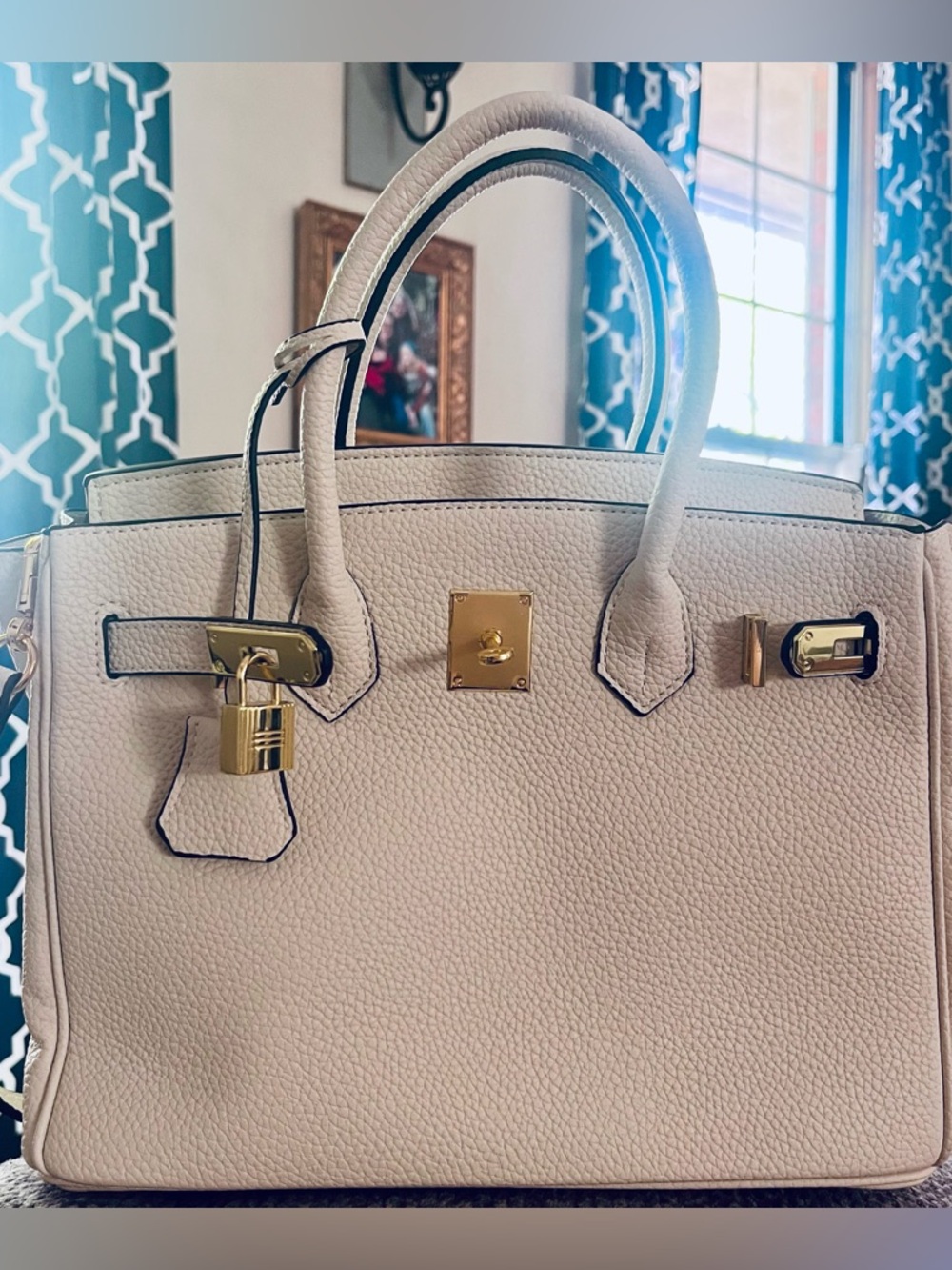 Structured Cream Pebble Leather Satchel with Gold Hardware